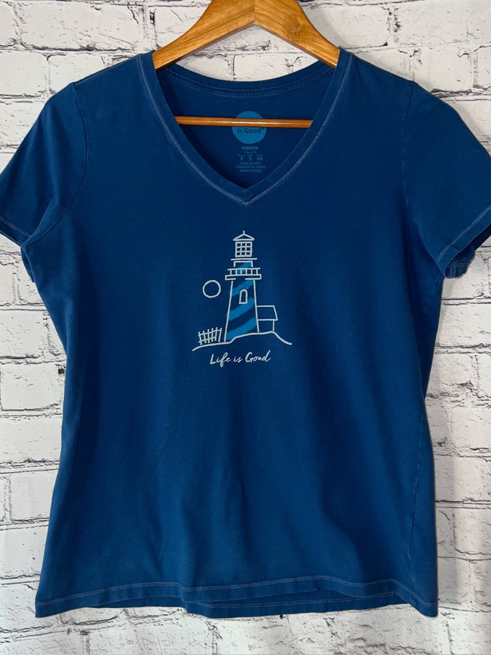Life is Good Lighthouse Blue Cotton Tee Size Small